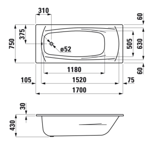 Ванна стальная Laufen Palladium 2.2511.0.600.040.1 170х75 отдельностоящая овальная без ножек - фото 2