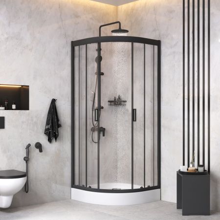 Комплект душевого уголка с душевой системой и аксессуарами Am.Pm Gem WK90EM стекло прозрачное профиль черный без поддона