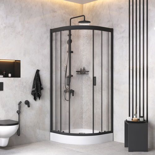 Комплект душевого уголка с душевой системой и аксессуарами Am.Pm Gem WK90EM стекло прозрачное профиль черный без поддона