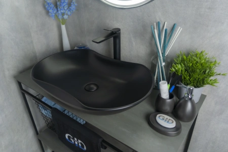 Раковина керамическая Gid Lago 53333 70х40 накладная цвет черный без отверстий под смеситель