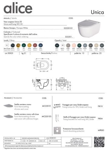 Унитаз подвесной Alice Unica 32220101 белый глянцевый с сиденьем безободковый - фото 3