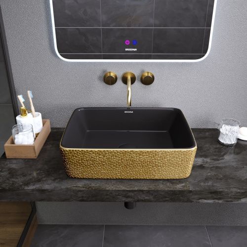 Раковина из сантехнического фаянса Grossman Color GR-3016GBL 50х40 накладная цвет черный/золото без отверстий под смеситель - фото 3