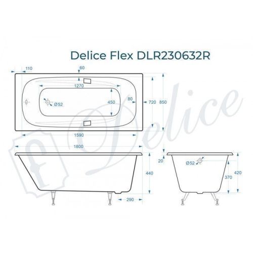 Ванна чугунная Delice Flex DLR230632R 180х85 пристенная прямоугольная без ножек с отверстиями под ручки - фото 2