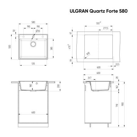 Кухонная мойка Ulgran Quartz Forte 580-01 60х50 цвет белый