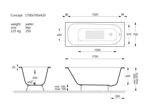 Ванна чугунная Vinsent Veron Concept VCO1407042H/VH0015BR 140х70 пристенная прямоугольная с ножками с ручками - фото 4