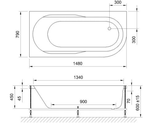 Ванна акриловая Royal Bath AZUR RB614201ST-L 150х80 пристенная асимметричная с каркасом - фото 2