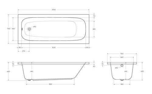Ванна акриловая Cezares ECO ECO-170-70-41-W37 170х70 пристенная прямоугольная без каркаса - фото 3