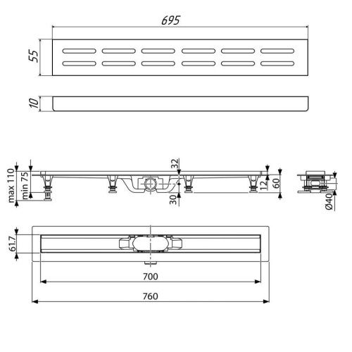 Душевой лоток Timo Eco SP10700-DG10700 75х10 черный - фото 2