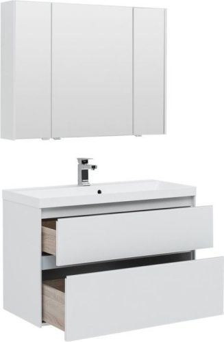 Комплект мебели: тумба с раковиной + зеркало-шкаф Aquanet Гласс 00240468 100х50 напольный цвет белый - фото 2