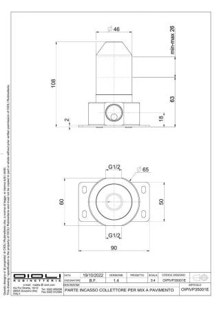 Внутренняя часть встраиваемого в пол смесителя Oioli Universal OIPIVP35001E
