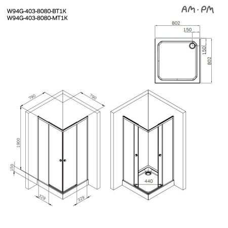 Душевой уголок Am.Pm X-joy W94G-403-8080-BТ1К 80х80 стекло прозрачное профиль черный без поддона