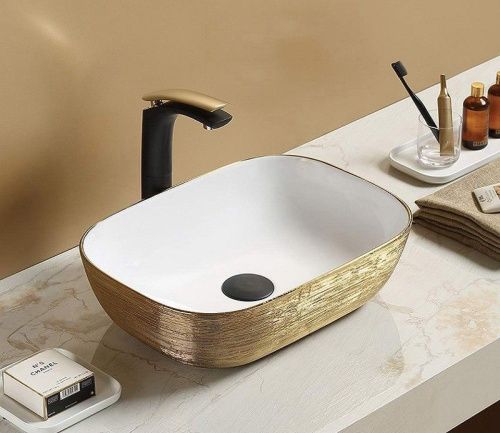 Раковина из сантехнического фаянса CeramaLux D1333H132 50х30 накладная цвет белый/медь без отверстий под смеситель - фото 2