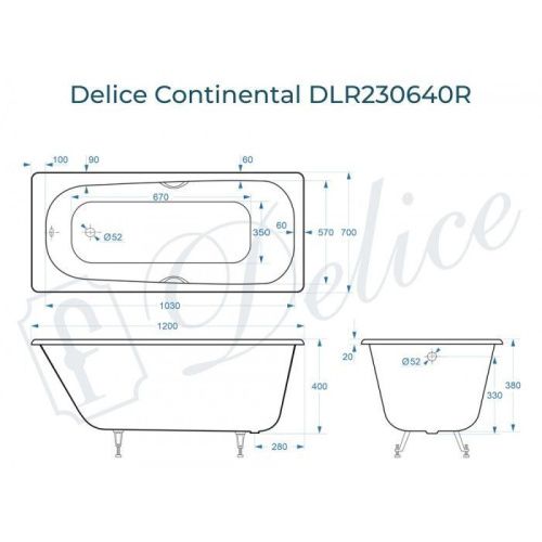 Ванна чугунная Delice Continental DLR230640R 120х70 пристенная прямоугольная без ножек с отверстиями под ручки - фото 2