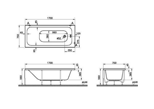 Ванна акриловая Vitra Optimum Neo 64570001000 170х75 пристенная прямоугольная без ножек - фото 3