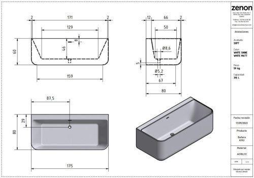 Ванна акриловая Zenon Kivu Wall 4000.000.000.000.23350 175х80 пристенная прямоугольная - фото 2