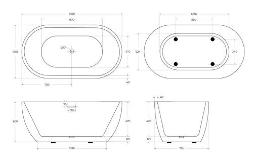 Ванна акриловая BelBagno BB70-1500-800 150х80 отдельностоящая овальная с ножками - фото 2