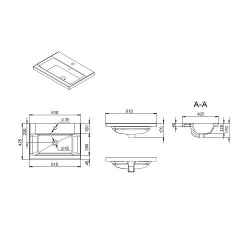 Раковина из сантехнического фарфора Am.Pm Gem M90WCC0602BM 60х40 встраиваемая цвет черный 1 отверстие под смеситель - фото 3