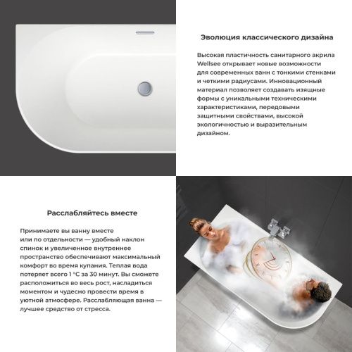 Ванна акриловая Wellsee Belle Spa 235701000 150х75 пристенная асимметричная с каркасом - фото 5