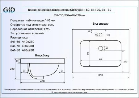 Раковина из сантехнического фаянса Gid Simple-N 71129 60х50 встраиваемая цвет белый 1 отверстие под смеситель
