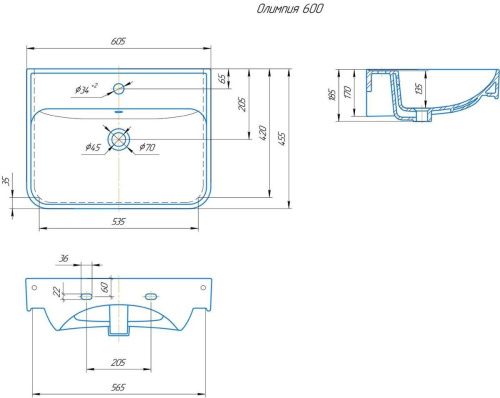 Раковина керамическая Onika Олимпия 4640021061152 60х50 накладная цвет белый 1 отверстие под смеситель - фото 2
