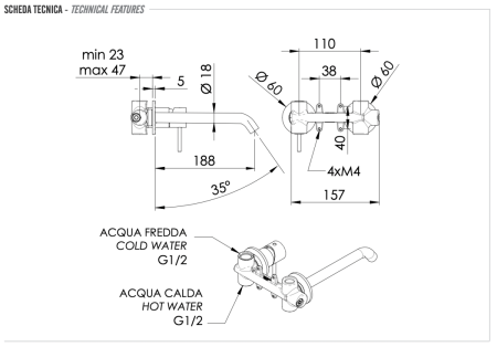 Смеситель для раковины Remer X Style Inox SSX15PL встраиваемый в стену нержавеющая сталь