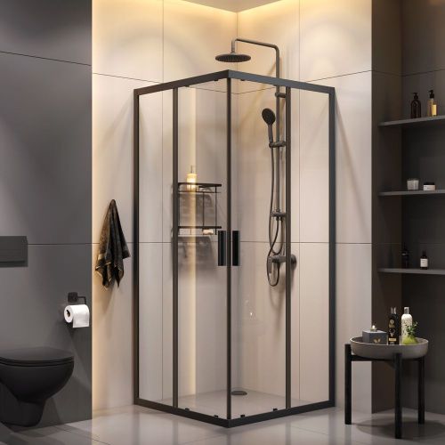 Комплект душевого уголка с душевой системой и аксессуарами Am.Pm Gem S WK93EP стекло прозрачное профиль черный без поддона