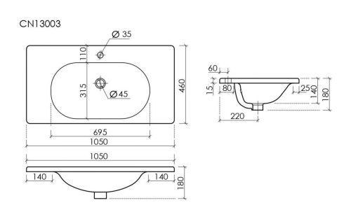 Раковина из сантехнического фарфора Ceramica Nova SABO CN13003 100х50 накладная цвет белый 1 отверстие под смеситель - фото 4