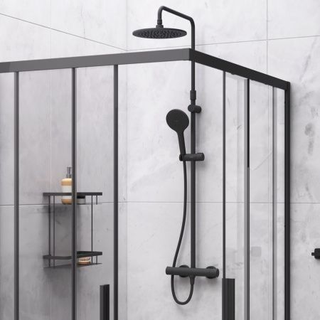 Комплект душевого уголка с душевой системой и аксессуарами Am.Pm Gem S WK93ES стекло прозрачное профиль черный без поддона