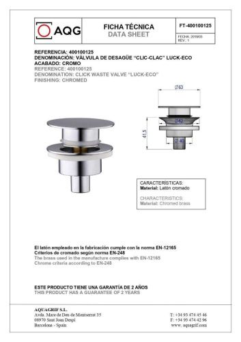 Донный клапан AQG Донные клапаны 400100125 хром - фото 2