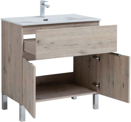 Комплект мебели: тумба с раковиной + зеркало-шкаф Aquanet Алвита New 00274217 80х50 напольный цвет коричневый - фото 2