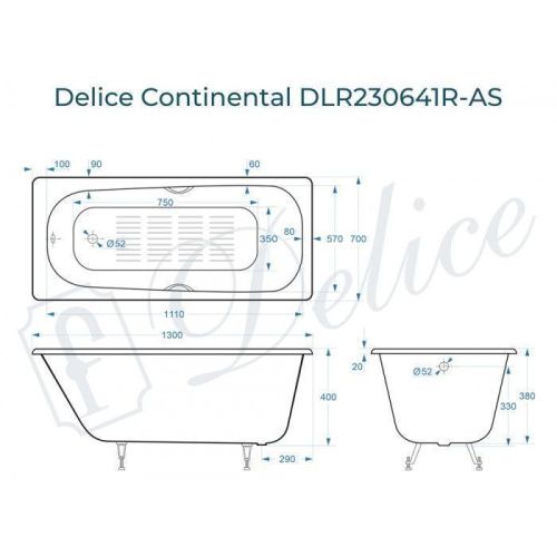 Ванна чугунная Delice Continental DLR230641R-AS 130х70 пристенная прямоугольная без ножек с отверстиями под ручки - фото 2