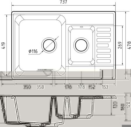 Кухонная мойка Granfest Quarz 21К серый 75х50 цвет серый поверхность матовая