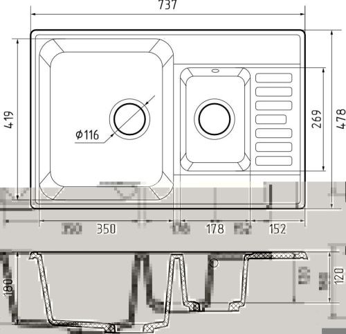 Кухонная мойка Granfest Quarz 21К серый 75х50 цвет серый поверхность матовая - фото 3