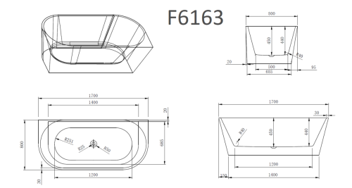 Ванна акриловая Frank 12530 170х80 пристенная овальная с ножками - фото 2