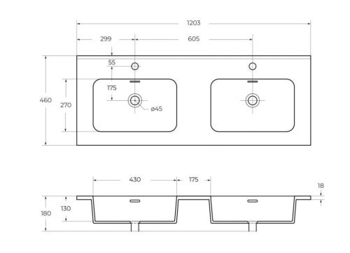 Раковина керамическая Cezares 50135 120х50 подвесная цвет белый 2 отверстия под смеситель - фото 2