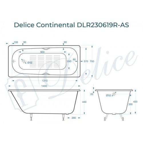 Ванна чугунная Delice Continental DLR230619R-AS 140х70 пристенная прямоугольная без ножек с отверстиями под ручки - фото 2
