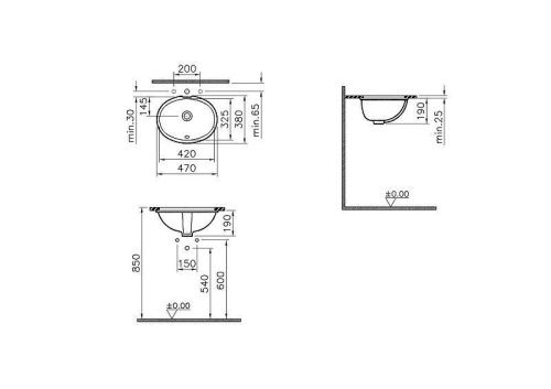 Раковина из сантехнического фарфора Vitra Arkitekt 6039B003-0012 50х40 встраиваемая цвет белый без отверстий под смеситель - фото 3