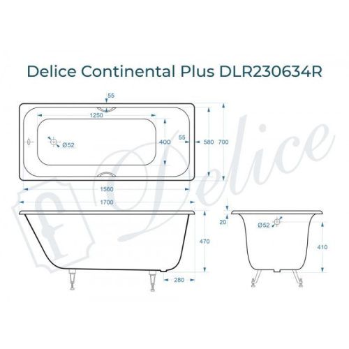 Ванна чугунная Delice Continental PLUS DLR230634R 170х70 пристенная прямоугольная без ножек с отверстиями под ручки - фото 2