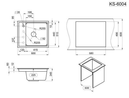 Кухонная мойка Granula Kitchen Space 6004, АЛЮМИНИУМ 60х50 цвет серый поверхность матовая