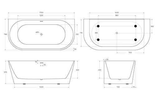 Ванна акриловая BelBagno BB710-1700-800 170х79 пристенная овальная с ножками - фото 3