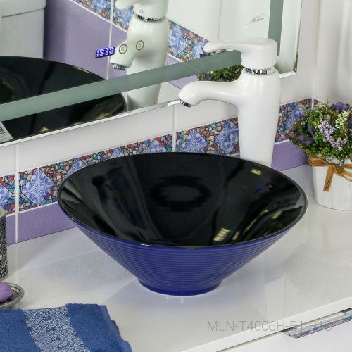 Раковина из сантехнического фарфора Melana 7020-B1+B18-806 40х40 накладная цвет черный/синий без отверстий под смеситель - фото 4