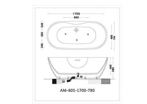 Ванна акриловая Art&Max AM-605-1700-790 170х80 отдельностоящая овальная с каркасом - фото 2