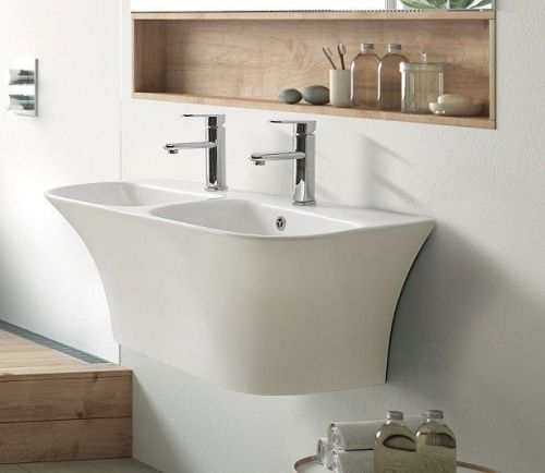 Раковина из сантехнического фаянса CeramaLux G760 100х40 подвесная цвет белый 2 отверстия под смеситель - фото 2