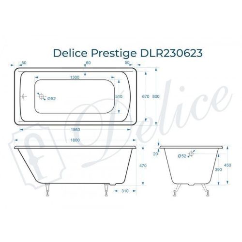 Ванна чугунная Delice Prestige DLR230623 180х80 пристенная прямоугольная без ножек - фото 2