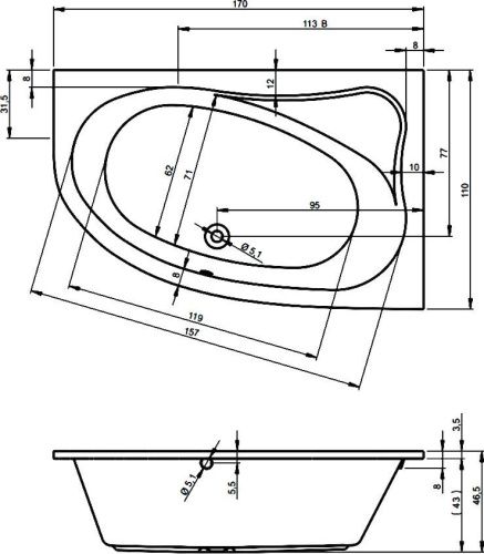 Ванна акриловая Riho LYRA B018001005 170х110 пристенная асимметричная без ножек - фото 2