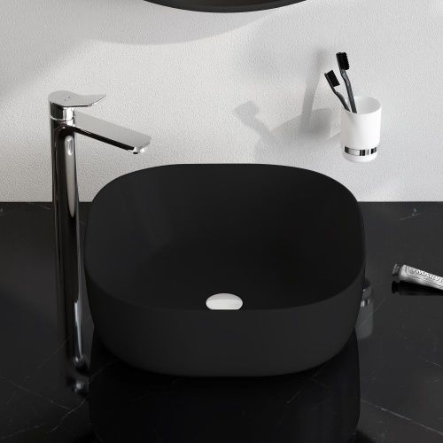 Раковина из сантехнического фарфора Am.Pm Func M8FWCC30430BM 40х40 накладная цвет черный без отверстий под смеситель - фото 3