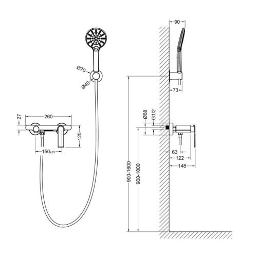 Смеситель для ванны и душа Timo Anni 2714/03Y настенный черный - фото 2