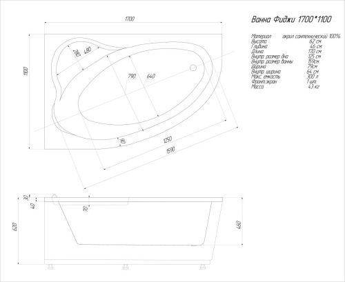 Ванна акриловая Aquatek Фиджи FID170-0000001 170х110 пристенная асимметричная без каркаса без ручек - фото 4