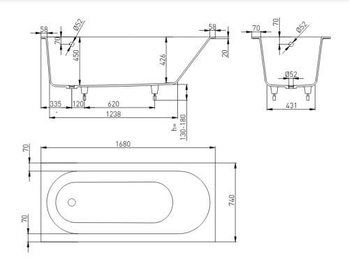Ванна из искусственного камня Holbi ORION 1.01.007.11.1 170х75 встраиваемая прямоугольная с ножками - фото 4