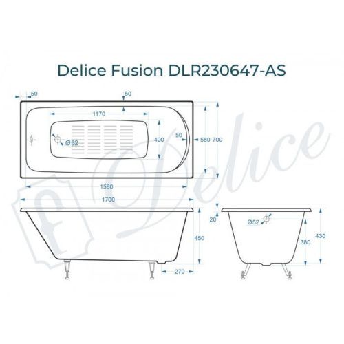 Ванна чугунная Delice Fusion DLR230647-AS 170х70 пристенная прямоугольная без ножек с антискользящим покрытием - фото 2